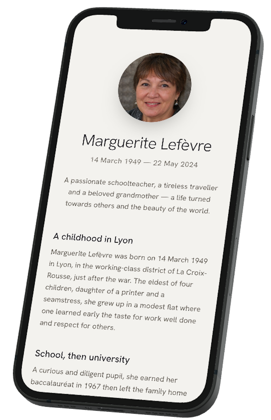 Example of a memorial page shown on a phone