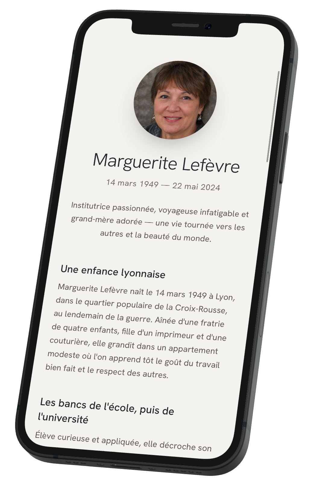 Exemple de page mémorielle affichée sur un téléphone